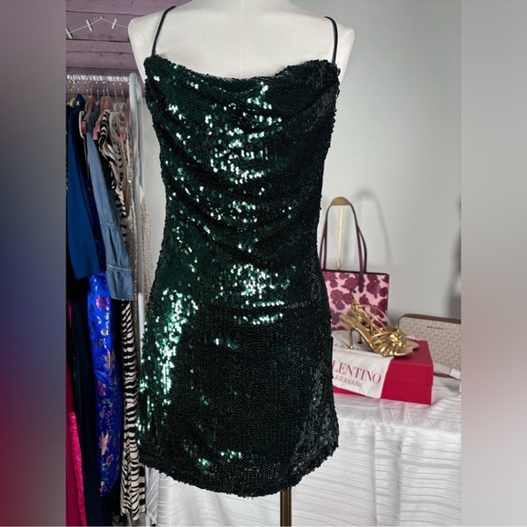LULU’S Green Sequin Lace Up Backless Mini Dress - Picture 2 of 3